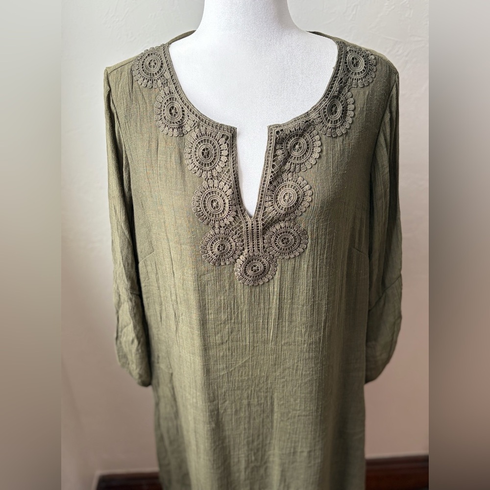 Indigo Rose Olive Green Gauze Tunic Dress Crochet Lace Neckline 2X - Picture 4 of 8